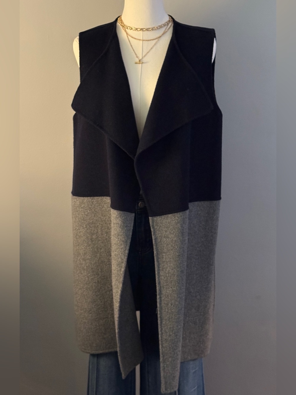 Talbots Sleeveless Colorblock Long Vest - Navy & Gray